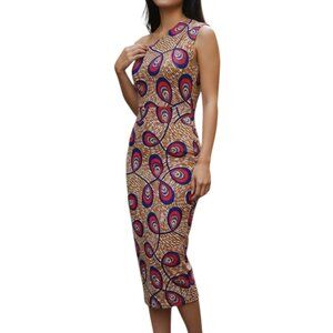 One Shoulder African Print Ankara Bodycon Midi Dress Size L | Fitted Stretch
